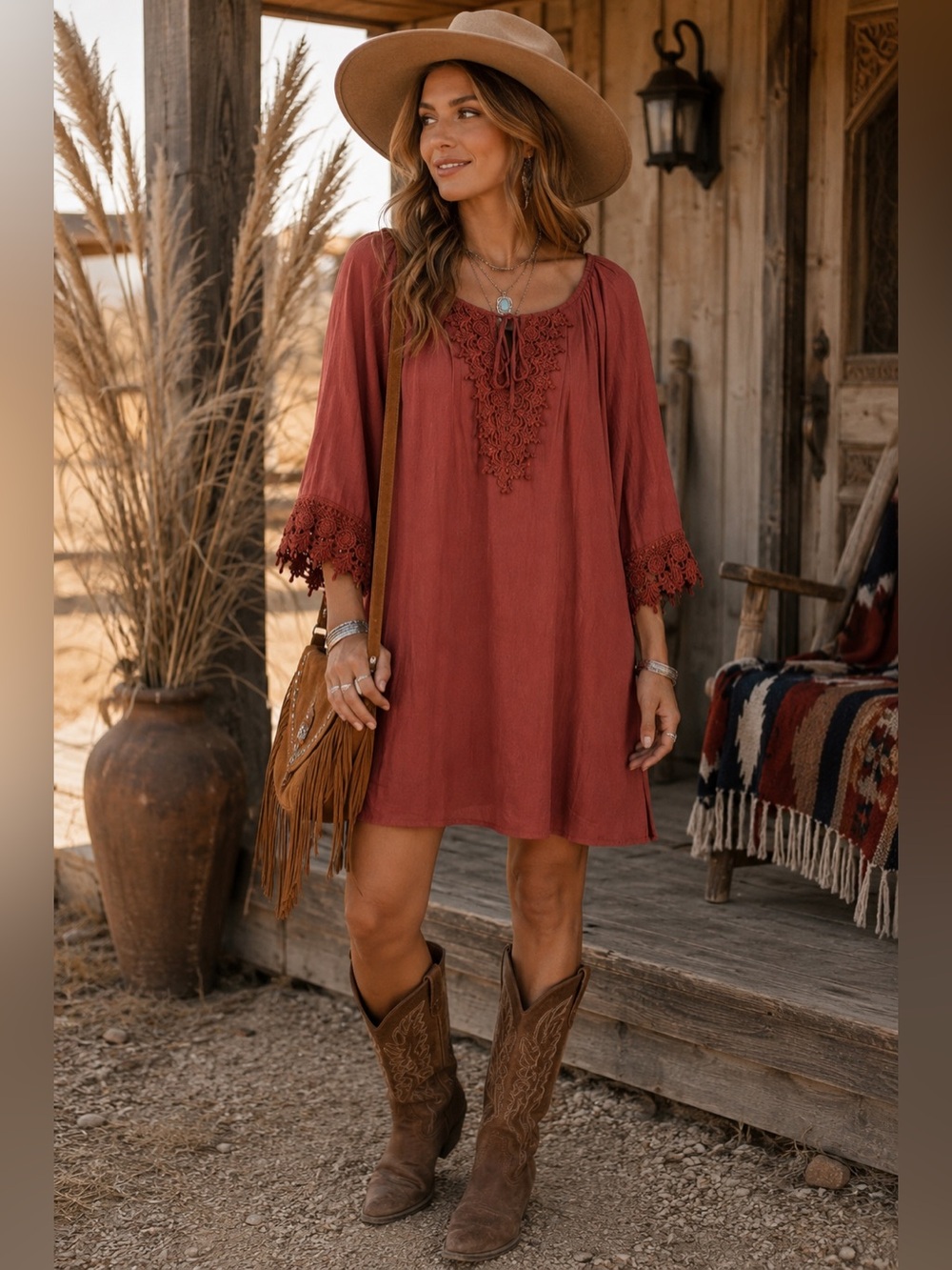 Anthropologie NAÏF Terracotta Embroidered Lace Cottagecore Shift Dress Small